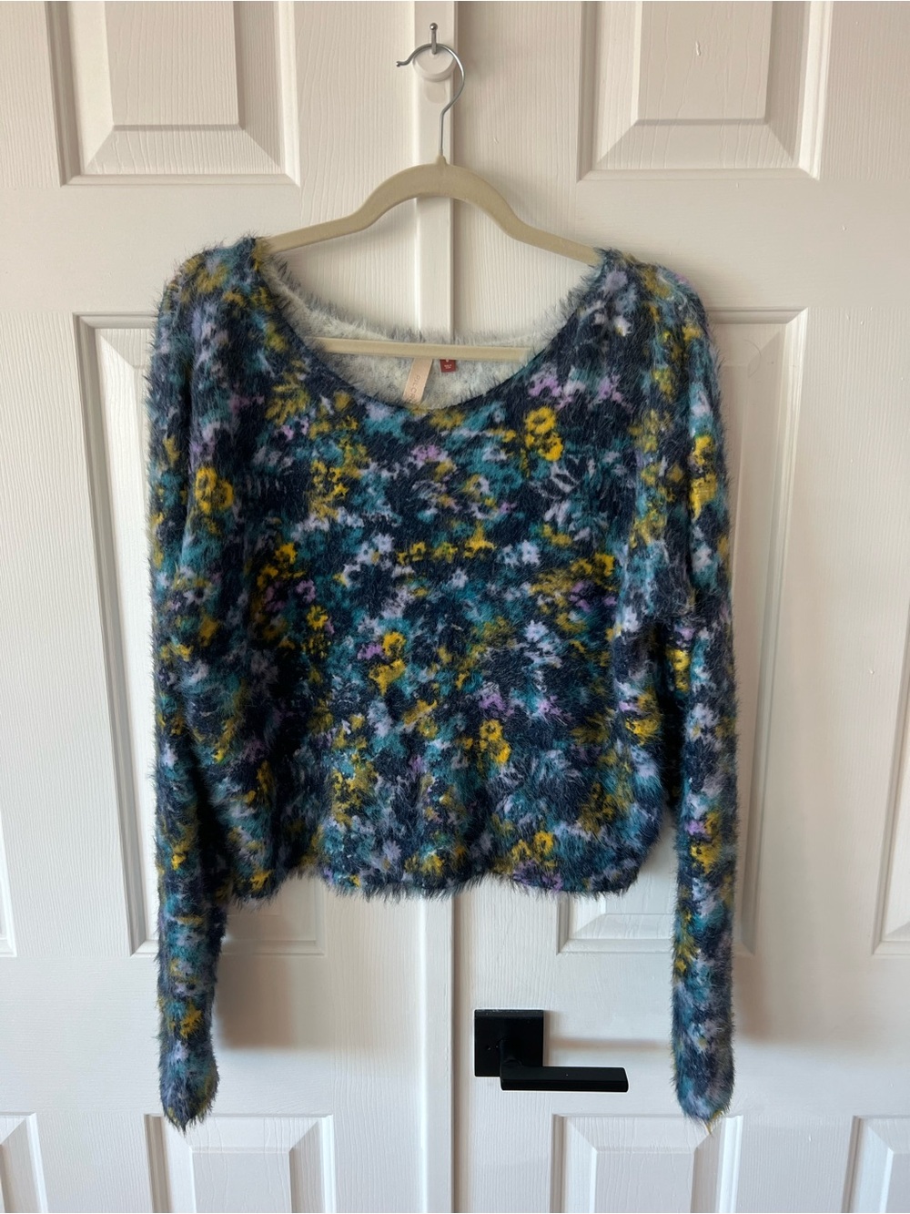 Pilcro Off-the-Shoulder Fuzzy Floral Sweater - Blue Multi. Size M - Picture 4 of 11